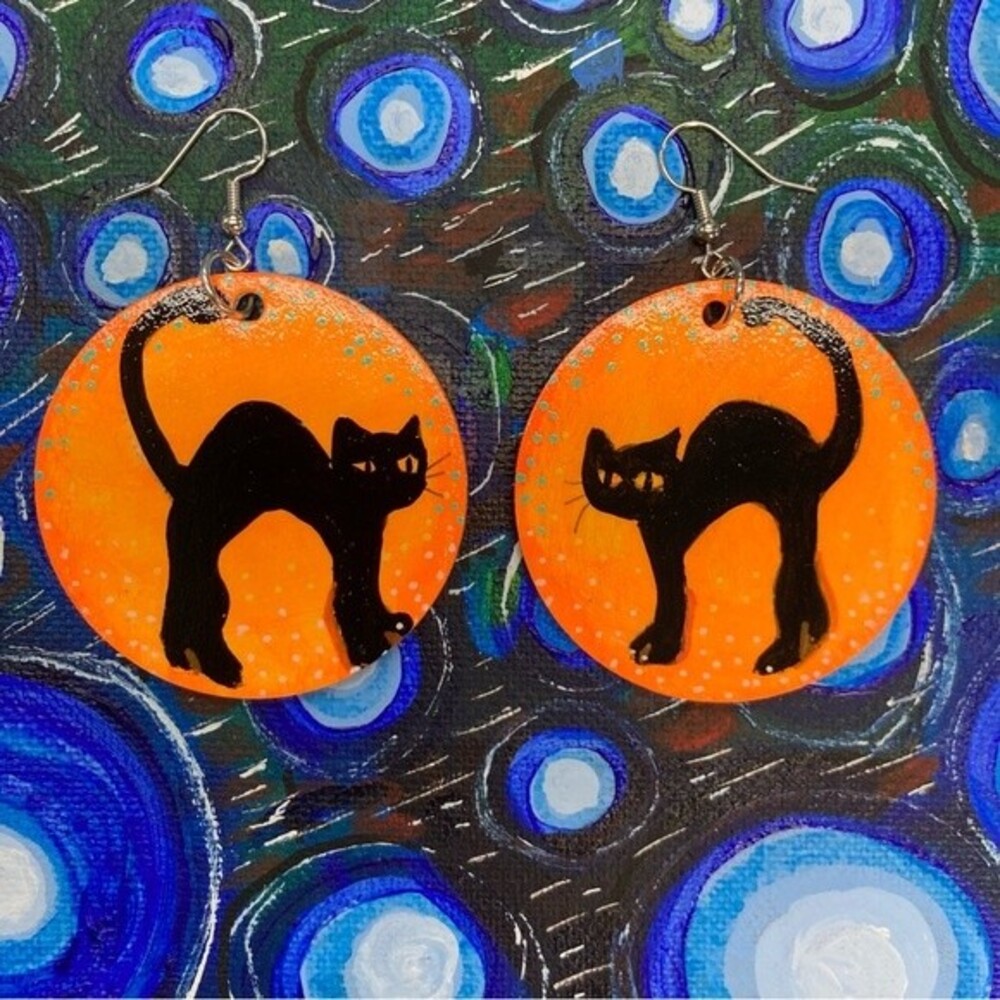 Handmade Black Cat Wooden Statement Earrings Orange Halloween 2" Dangle Boho